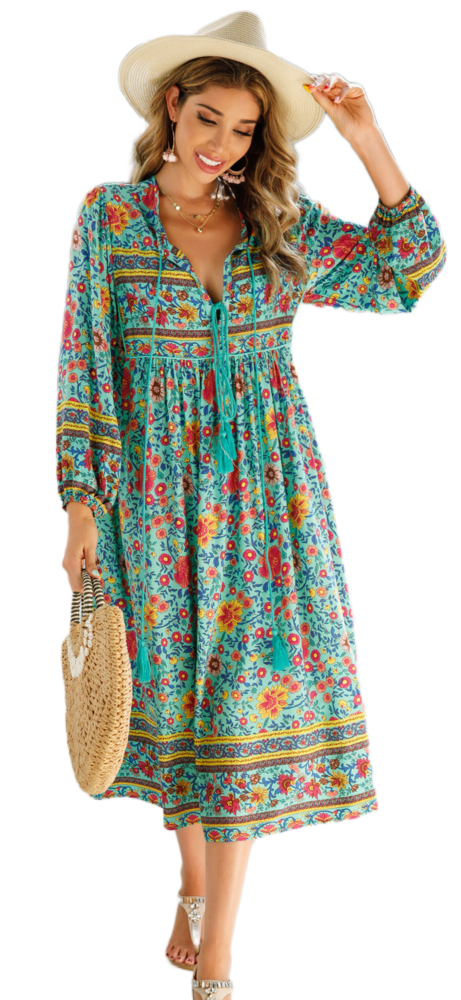 R.Vivimos Women's Long Sleeve Floral Print Retro V Neck Tassel Bohemian Midi Dresses
