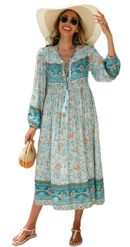 R.Vivimos Women's Long Sleeve Floral Print Retro V Neck Tassel Bohemian Midi Dresses