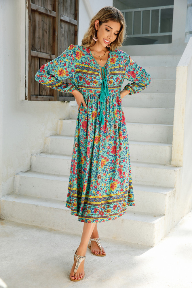 R.Vivimos Women's Long Sleeve Floral Print Retro V Neck Tassel Bohemian Midi Dresses
