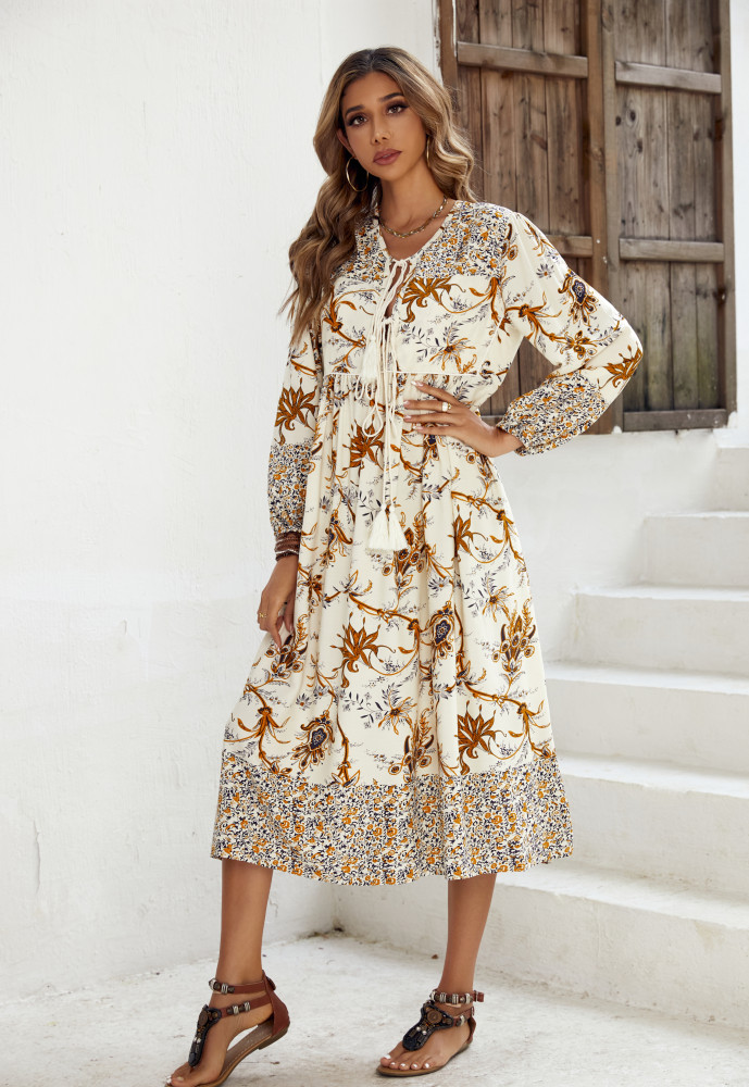 R.Vivimos Women's Long Sleeve Floral Print Retro V Neck Tassel Bohemian Midi Dresses