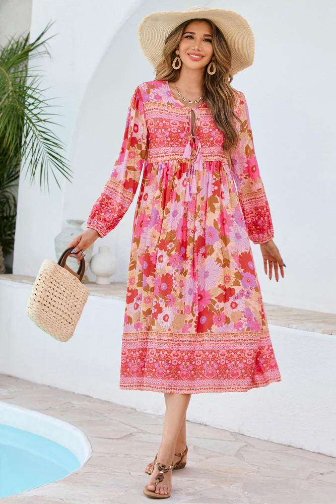 R.Vivimos Women's Long Sleeve Floral Print Retro V Neck Tassel Bohemian Midi Dresses