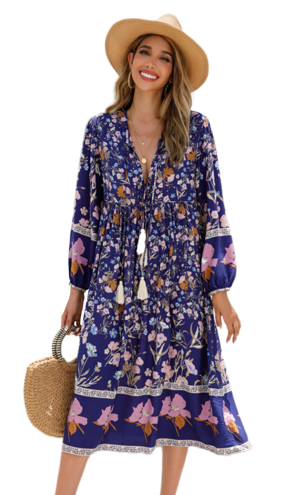 R.Vivimos Women's Long Sleeve Floral Print Retro V Neck Tassel Bohemian Midi Dresses