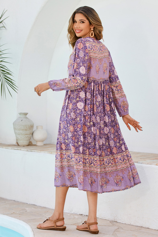 R.Vivimos Women's Long Sleeve Floral Print Retro V Neck Tassel Bohemian Midi Dresses