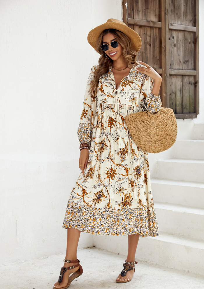 R.Vivimos Women's Long Sleeve Floral Print Retro V Neck Tassel Bohemian Midi Dresses