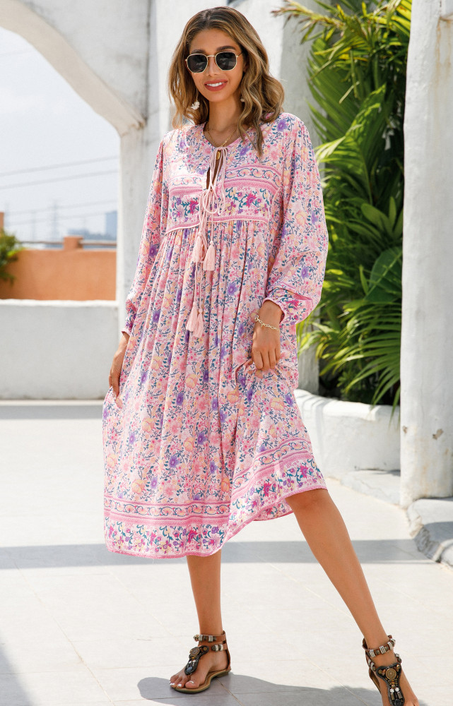 R.Vivimos Women's Long Sleeve Floral Print Retro V Neck Tassel Bohemian Midi Dresses