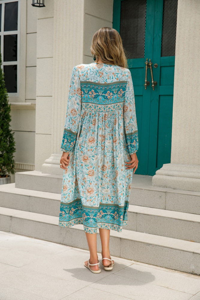 R.Vivimos Women's Long Sleeve Floral Print Retro V Neck Tassel Bohemian Midi Dresses