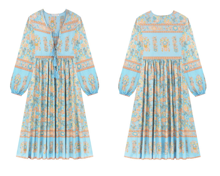 R.Vivimos Women's Long Sleeve Floral Print Retro V Neck Tassel Bohemian Midi Dresses