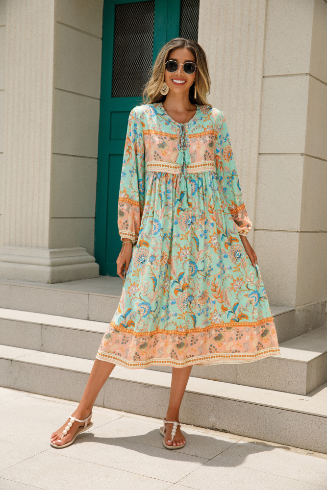 R.Vivimos Women's Long Sleeve Floral Print Retro V Neck Tassel Bohemian Midi Dresses