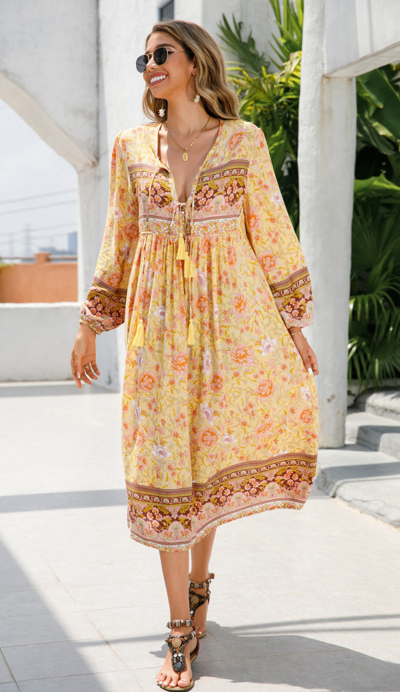R.Vivimos Women's Long Sleeve Floral Print Retro V Neck Tassel Bohemian Midi Dresses