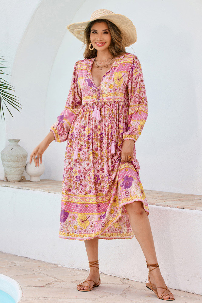R.Vivimos Women's Long Sleeve Floral Print Retro V Neck Tassel Bohemian Midi Dresses