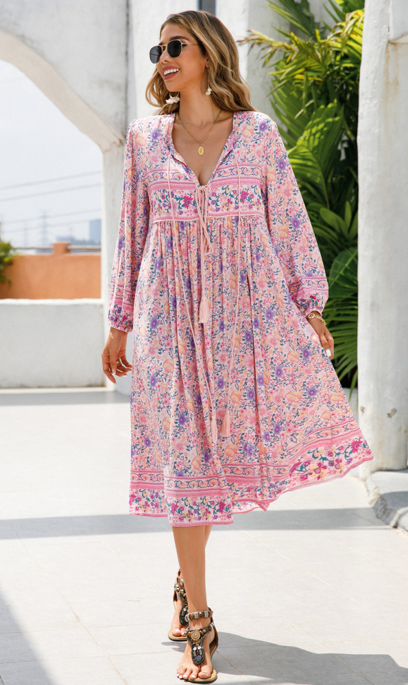 R.Vivimos Women's Long Sleeve Floral Print Retro V Neck Tassel Bohemian Midi Dresses