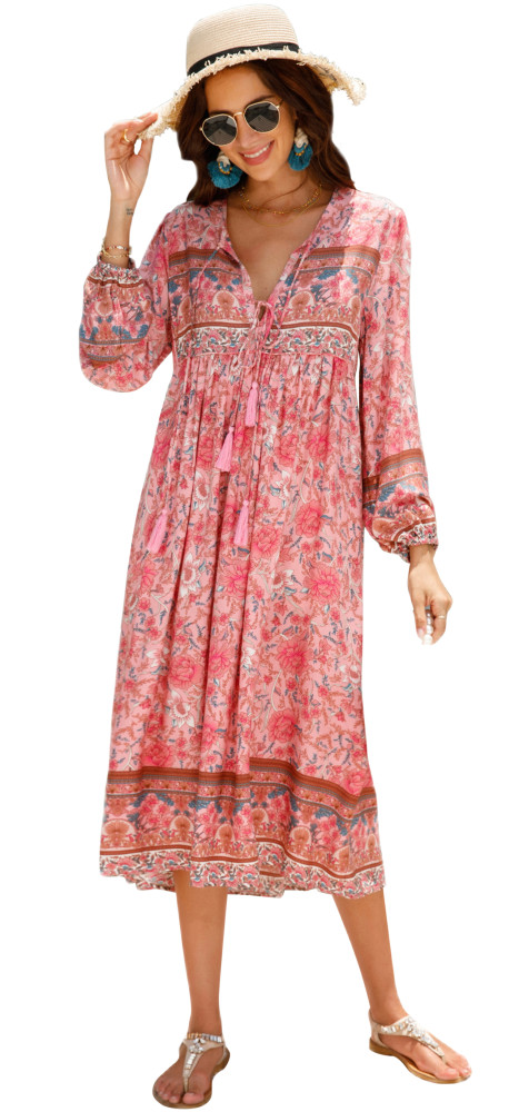 R.Vivimos Women's Long Sleeve Floral Print Retro V Neck Tassel Bohemian Midi Dresses
