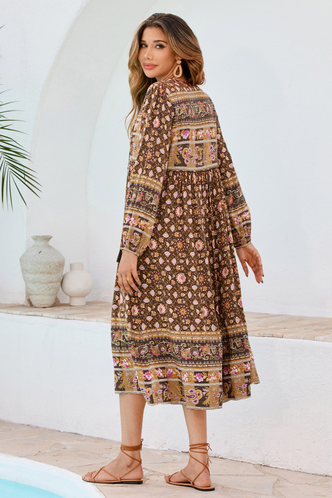 R.Vivimos Women's Long Sleeve Floral Print Retro V Neck Tassel Bohemian Midi Dresses