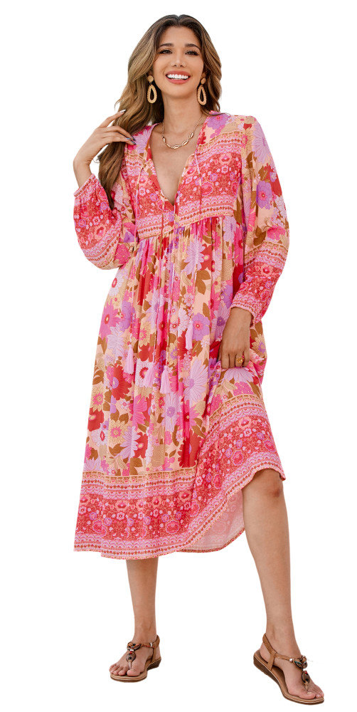R.Vivimos Women's Long Sleeve Floral Print Retro V Neck Tassel Bohemian Midi Dresses