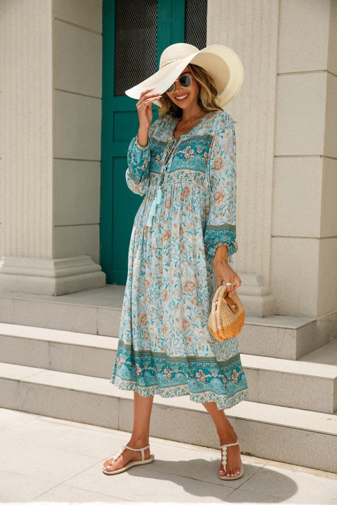 R.Vivimos Women's Long Sleeve Floral Print Retro V Neck Tassel Bohemian Midi Dresses