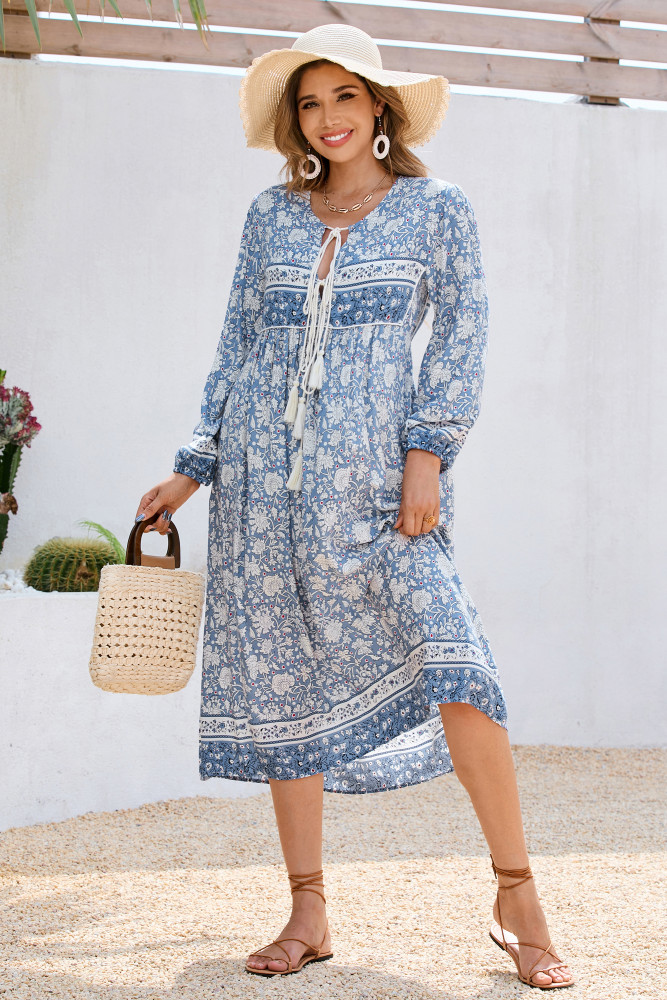 R.Vivimos Women's Long Sleeve Floral Print Retro V Neck Tassel Bohemian Midi Dresses