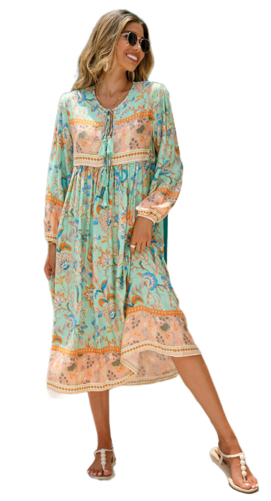 R.Vivimos Women's Long Sleeve Floral Print Retro V Neck Tassel Bohemian Midi Dresses