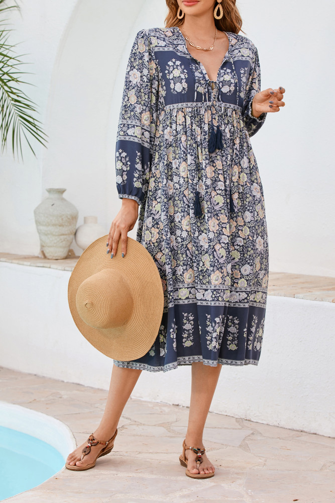 R.Vivimos Women's Long Sleeve Floral Print Retro V Neck Tassel Bohemian Midi Dresses