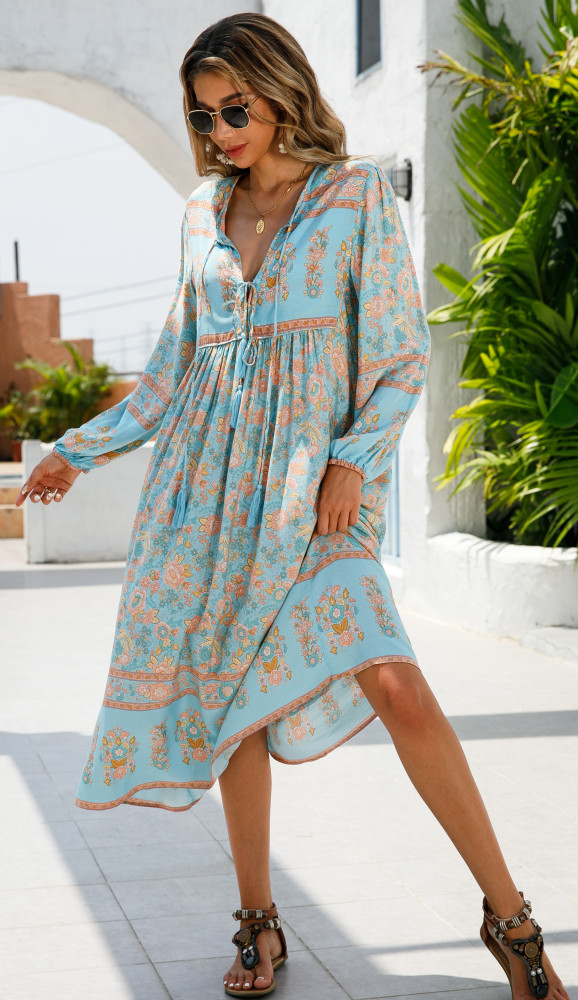 R.Vivimos Women's Long Sleeve Floral Print Retro V Neck Tassel Bohemian Midi Dresses