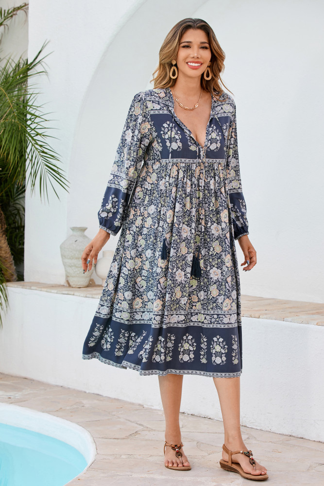R.Vivimos Women's Long Sleeve Floral Print Retro V Neck Tassel Bohemian Midi Dresses