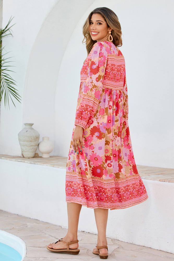 R.Vivimos Women's Long Sleeve Floral Print Retro V Neck Tassel Bohemian Midi Dresses