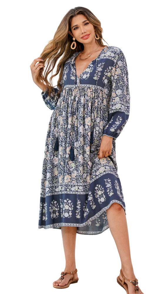 R.Vivimos Women's Long Sleeve Floral Print Retro V Neck Tassel Bohemian Midi Dresses