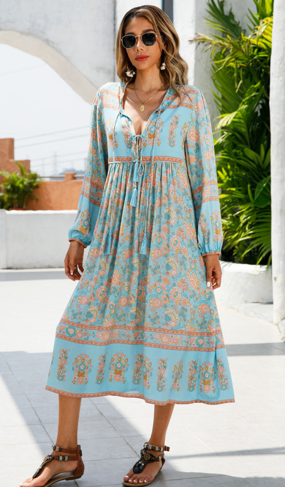 R.Vivimos Women's Long Sleeve Floral Print Retro V Neck Tassel Bohemian Midi Dresses