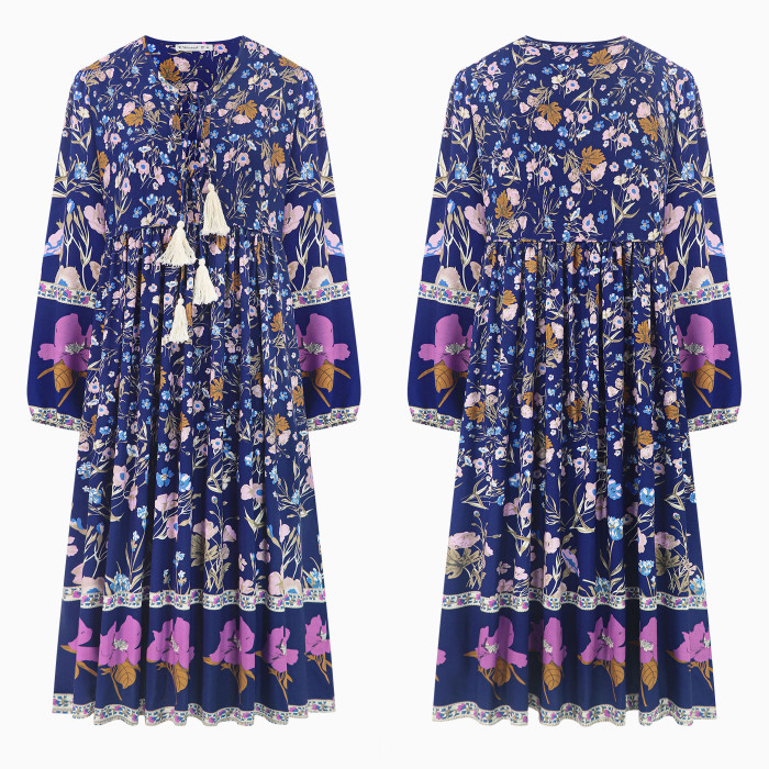 R.Vivimos Women's Long Sleeve Floral Print Retro V Neck Tassel Bohemian Midi Dresses