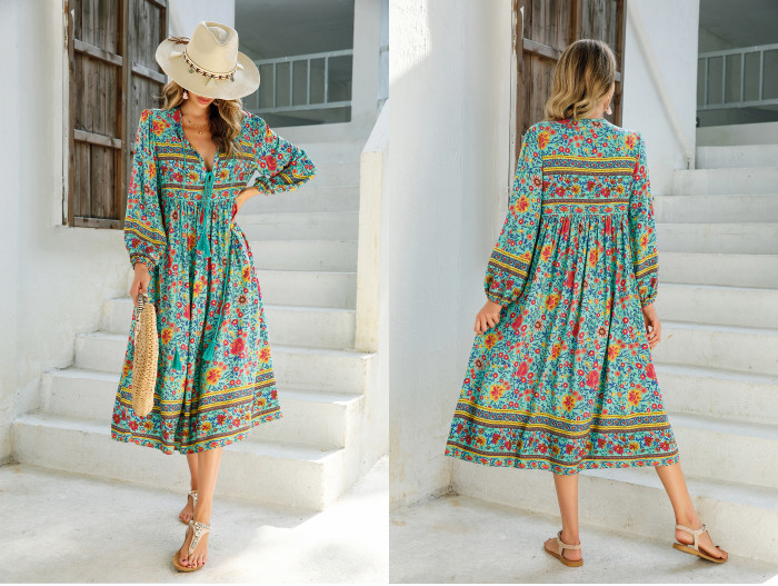 R.Vivimos Women's Long Sleeve Floral Print Retro V Neck Tassel Bohemian Midi Dresses