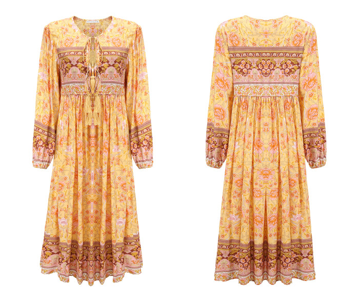 R.Vivimos Women's Long Sleeve Floral Print Retro V Neck Tassel Bohemian Midi Dresses