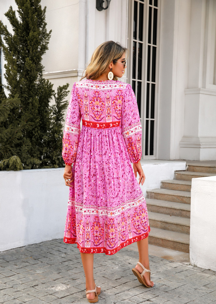 R.Vivimos Women's Long Sleeve Floral Print Retro V Neck Tassel Bohemian Midi Dresses