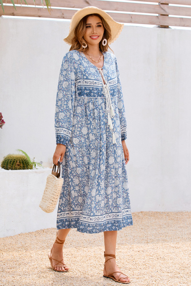 R.Vivimos Women's Long Sleeve Floral Print Retro V Neck Tassel Bohemian Midi Dresses