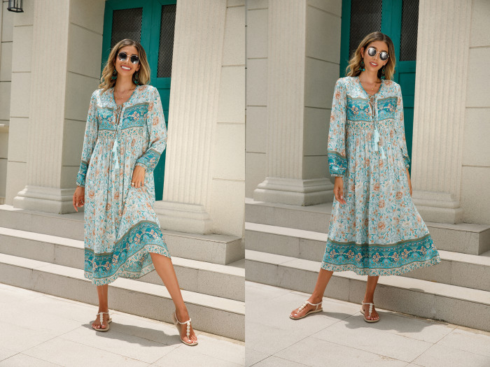 R.Vivimos Women's Long Sleeve Floral Print Retro V Neck Tassel Bohemian Midi Dresses
