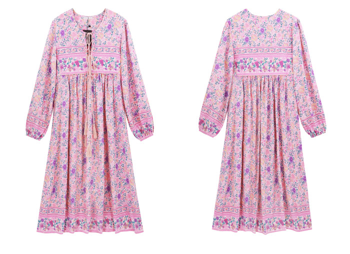 R.Vivimos Women's Long Sleeve Floral Print Retro V Neck Tassel Bohemian Midi Dresses
