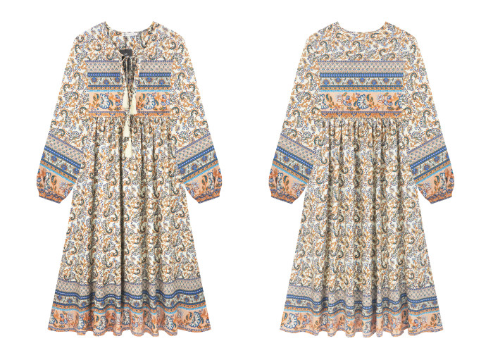 R.Vivimos Women's Long Sleeve Floral Print Retro V Neck Tassel Bohemian Midi Dresses