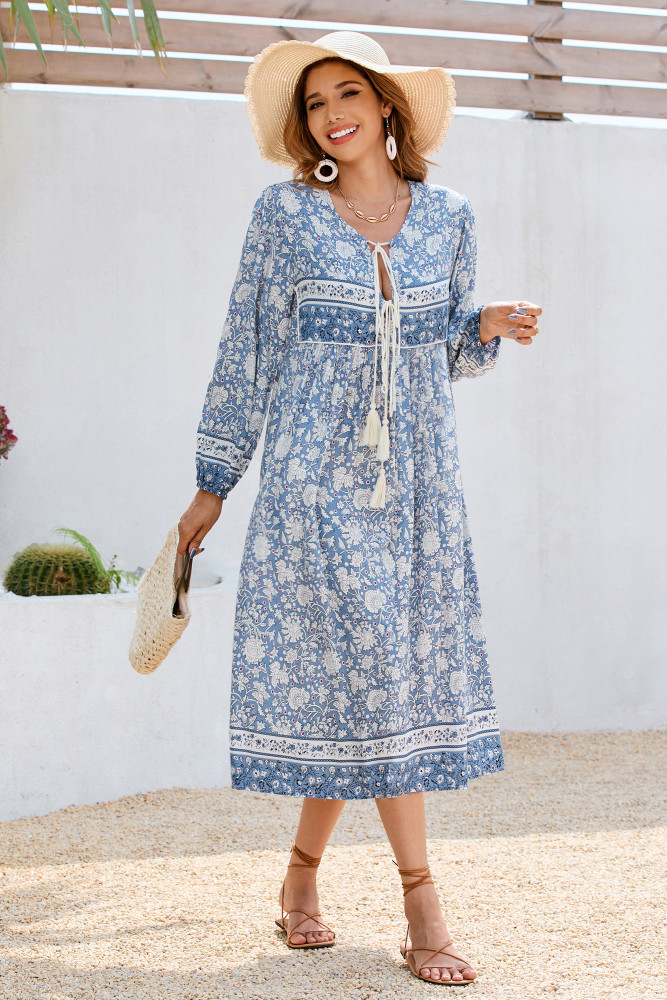 R.Vivimos Women's Long Sleeve Floral Print Retro V Neck Tassel Bohemian Midi Dresses