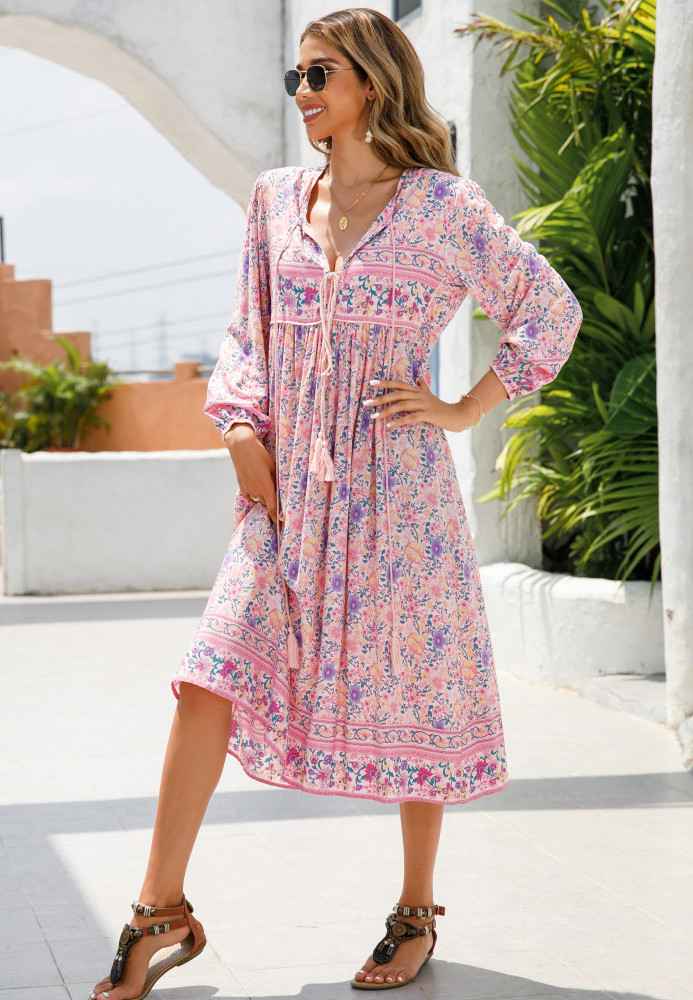 R.Vivimos Women's Long Sleeve Floral Print Retro V Neck Tassel Bohemian Midi Dresses