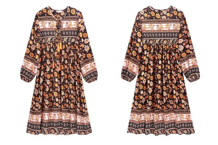 R.Vivimos Women's Long Sleeve Floral Print Retro V Neck Tassel Bohemian Midi Dresses