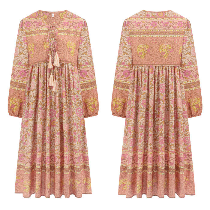 R.Vivimos Women's Long Sleeve Floral Print Retro V Neck Tassel Bohemian Midi Dresses