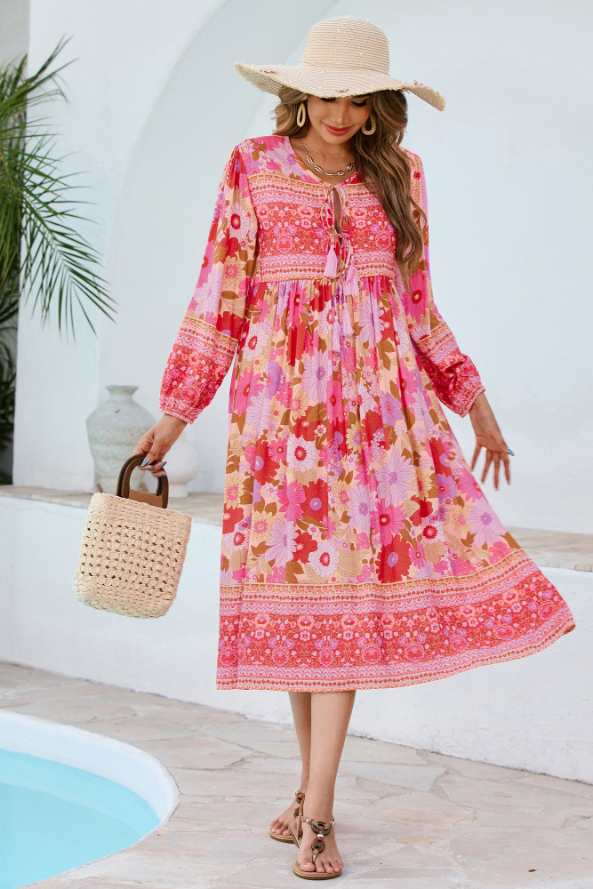 R.Vivimos Women's Long Sleeve Floral Print Retro V Neck Tassel Bohemian Midi Dresses