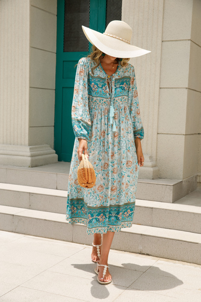 R.Vivimos Women's Long Sleeve Floral Print Retro V Neck Tassel Bohemian Midi Dresses