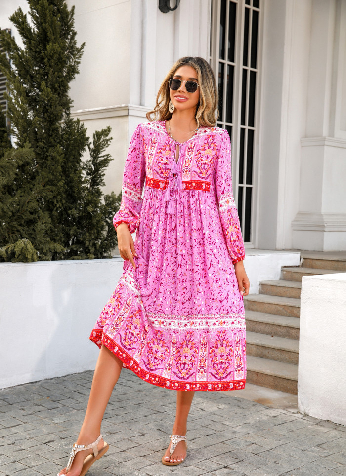 R.Vivimos Women's Long Sleeve Floral Print Retro V Neck Tassel Bohemian Midi Dresses