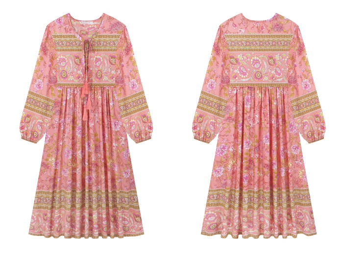 R.Vivimos Women's Long Sleeve Floral Print Retro V Neck Tassel Bohemian Midi Dresses