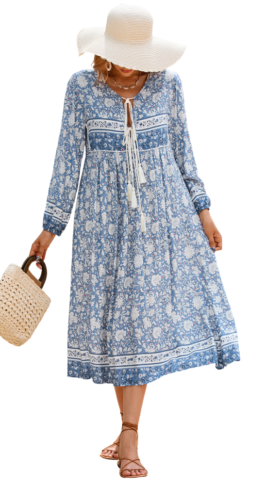 R.Vivimos Women's Long Sleeve Floral Print Retro V Neck Tassel Bohemian Midi Dresses
