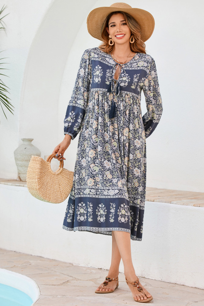 R.Vivimos Women's Long Sleeve Floral Print Retro V Neck Tassel Bohemian Midi Dresses
