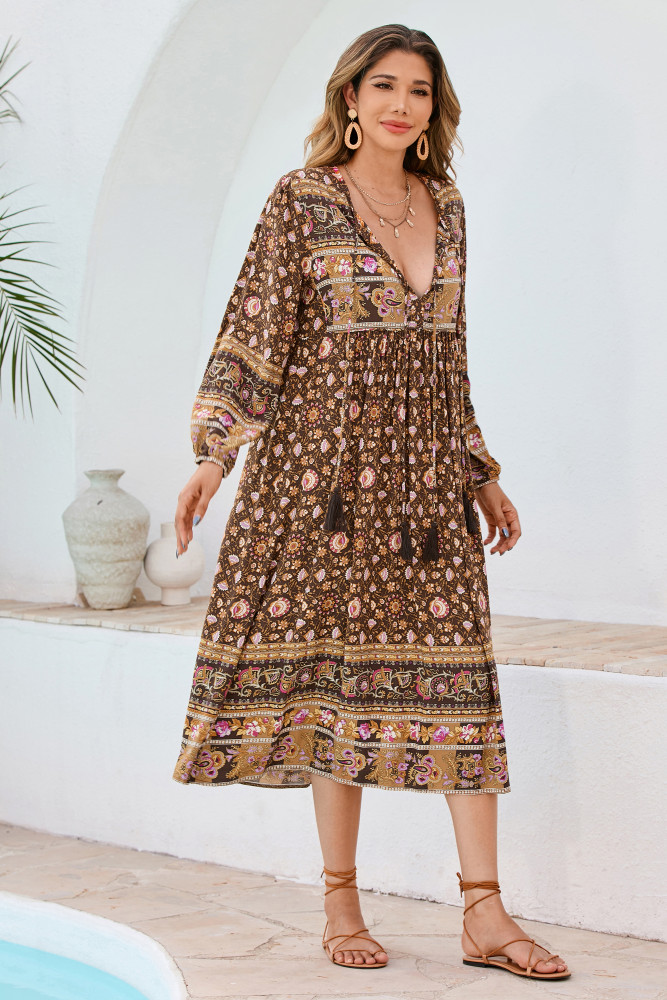 R.Vivimos Women's Long Sleeve Floral Print Retro V Neck Tassel Bohemian Midi Dresses