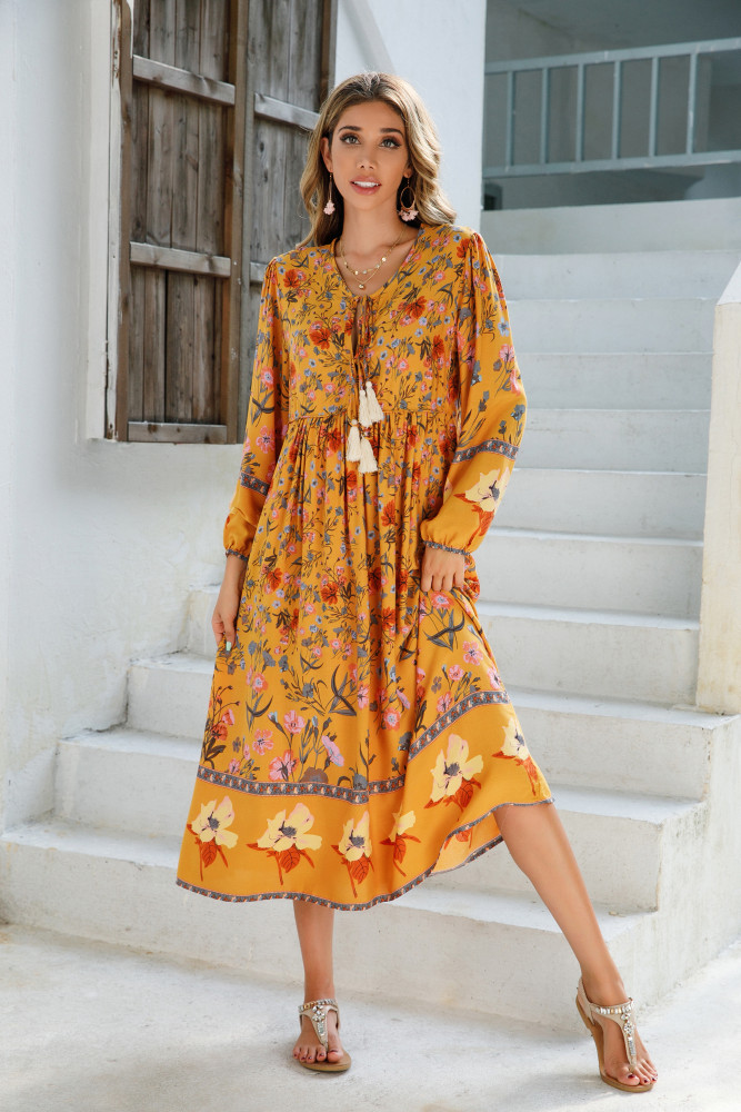R.Vivimos Women's Long Sleeve Floral Print Retro V Neck Tassel Bohemian Midi Dresses