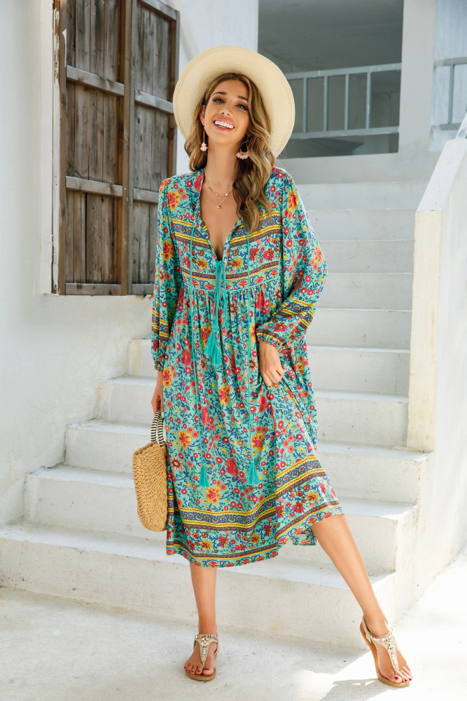 R.Vivimos Women's Long Sleeve Floral Print Retro V Neck Tassel Bohemian Midi Dresses