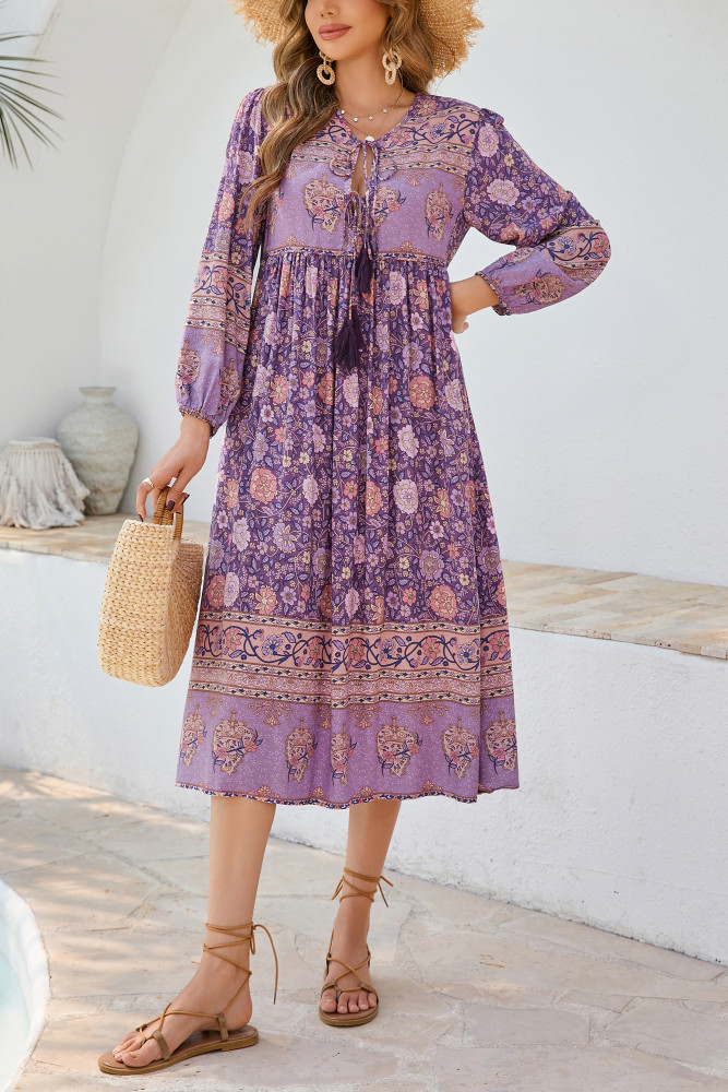 R.Vivimos Women's Long Sleeve Floral Print Retro V Neck Tassel Bohemian Midi Dresses