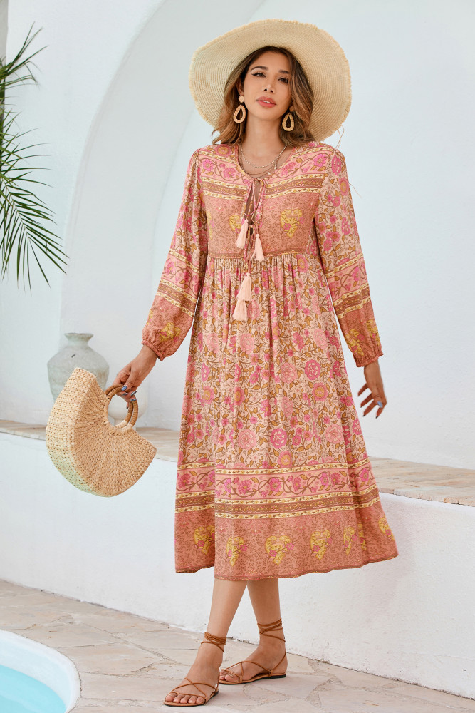 R.Vivimos Women's Long Sleeve Floral Print Retro V Neck Tassel Bohemian Midi Dresses